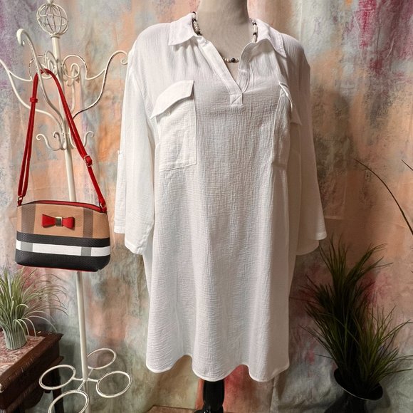 📌Westbound Half-Length Pull Up Sleeves Cotton Blouse with Pockets - Picture 1 of 16